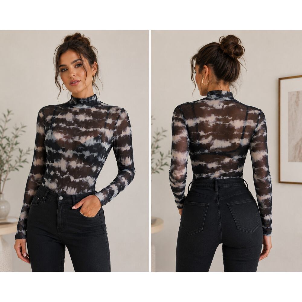 Haute Monde Semi-Sheer Mesh Mock Neck Bodysuit | Abstract Print | Size 2X